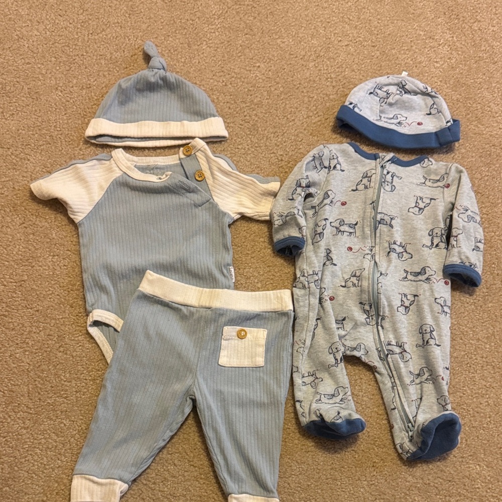 Baby Blue Baby Tahari Ribbed 3-Piece Set and Little Me blue puppy footie